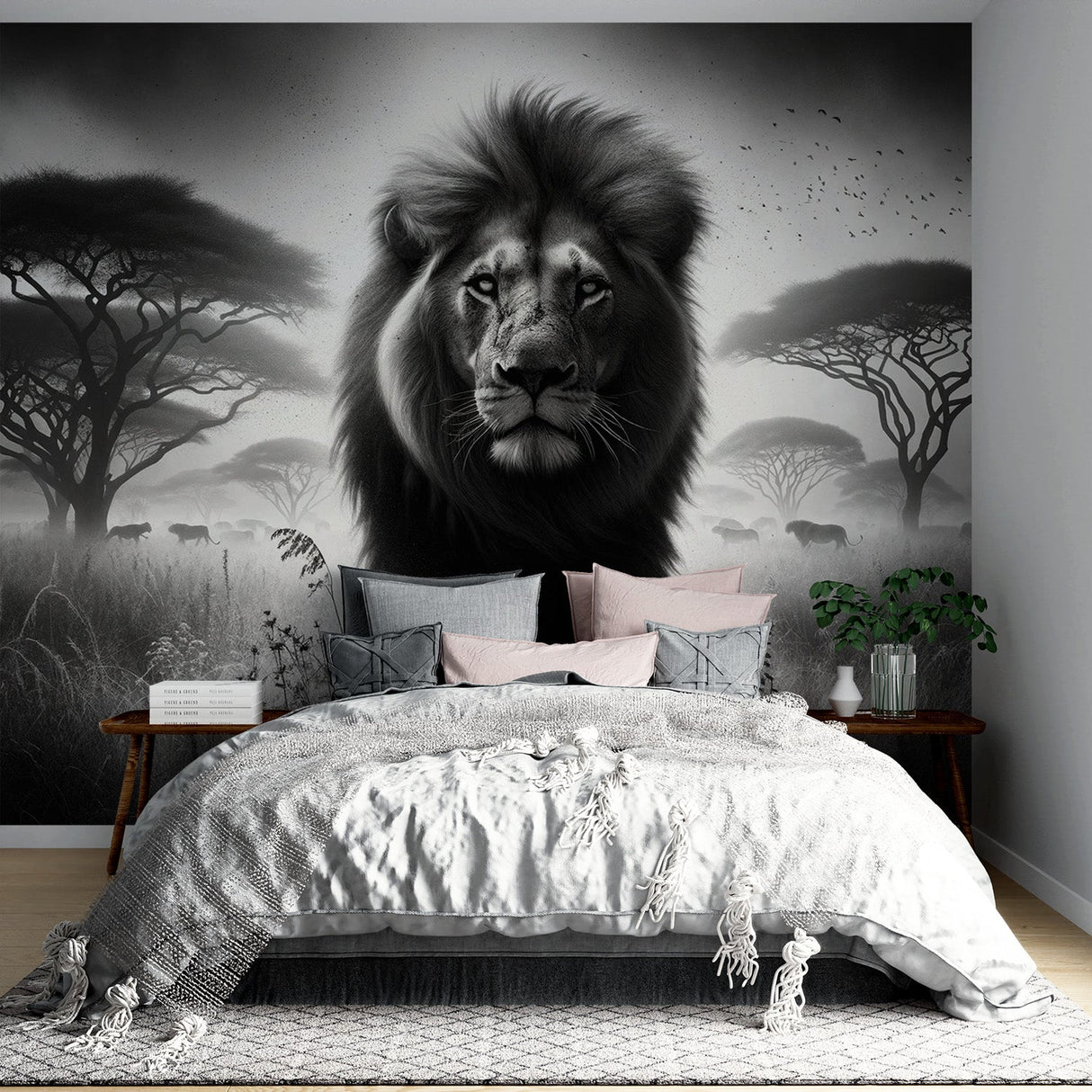 Black and white lion wallpaper creating dramatic impact in a modern living room with minimalist furniture