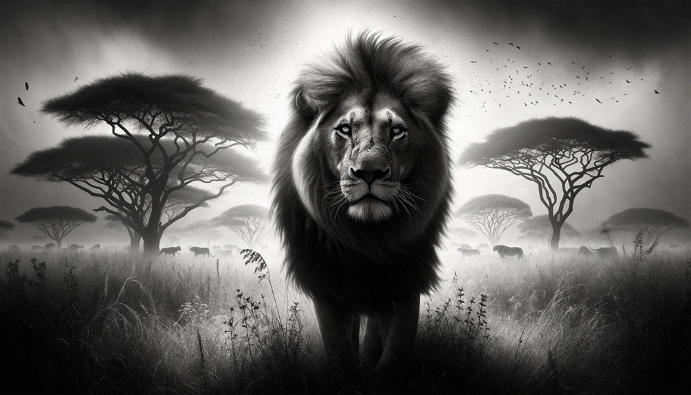 Black and white lion portrait design file showing detailed savanna landscape pattern