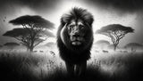 Black and white lion portrait design file showing detailed savanna landscape pattern