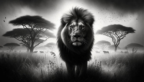 Black and white lion portrait design file showing detailed savanna landscape pattern