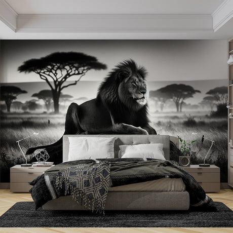 Black and white lion wallpaper creating a stunning focal point in a modern living room with minimalist furniture