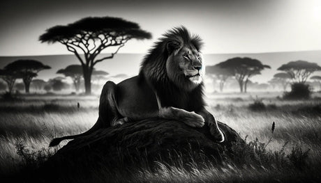 Black and white lion wallpaper design file showing detailed savannah landscape and majestic lion portrait