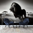 Black and white lion wallpaper creating dramatic impact in a modern living room with minimalist furniture
