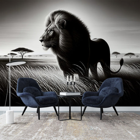 Black and white lion wallpaper creating dramatic impact in a modern living room with minimalist furniture