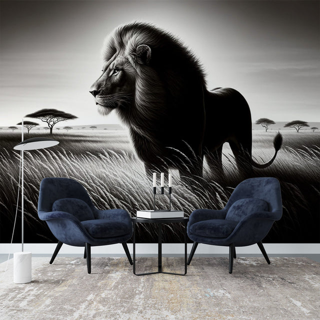 Black and white lion wallpaper creating dramatic impact in a modern living room with minimalist furniture