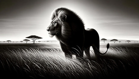 Black and white lion portrait wallpaper design file showing detailed mane and intense gaze