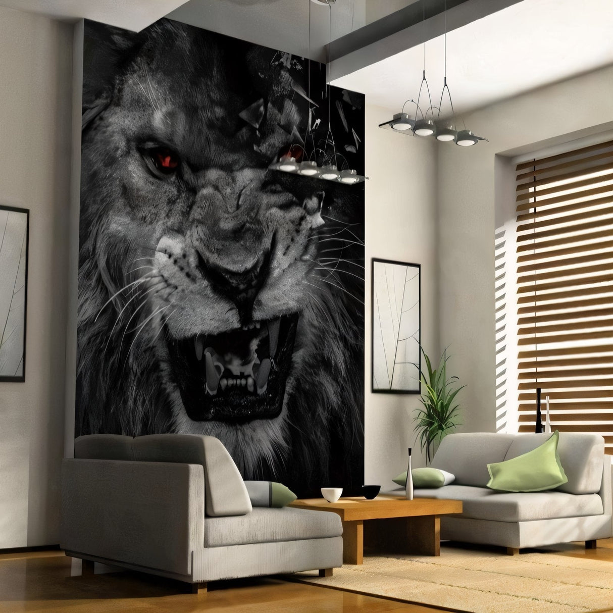 Black and white lion wallpaper with red eyes creating dramatic impact in modern living room setting