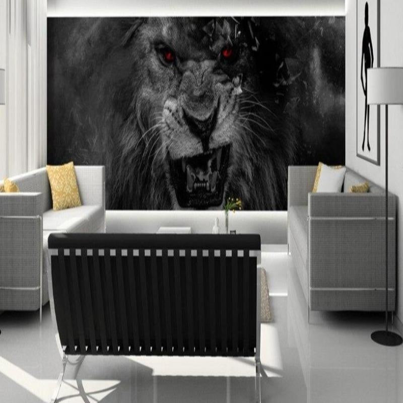 Monochrome lion mural with red eyes featured in contemporary office space