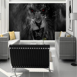 Monochrome lion mural with red eyes featured in contemporary office space