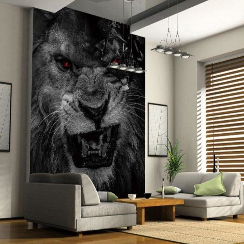Lion wall mural in black and white showcased in minimalist bedroom interior