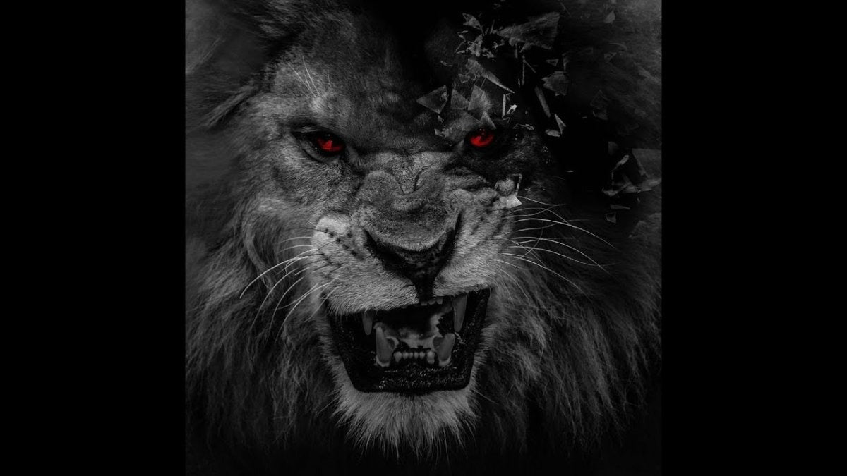 Design file of black and white lion face with red eyes showing detailed mane texture