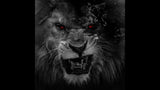 Design file of black and white lion face with red eyes showing detailed mane texture