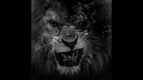 Design file of black and white lion face with red eyes showing detailed mane texture