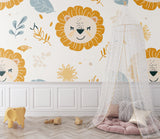 Sweet lion wallpaper in toddler's bedroom with pastel decor