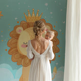 Kids lion wallpaper showcased in a playroom with reading nook