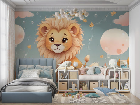 Baby lion wallpaper creating a cozy atmosphere in a modern nursery with natural light