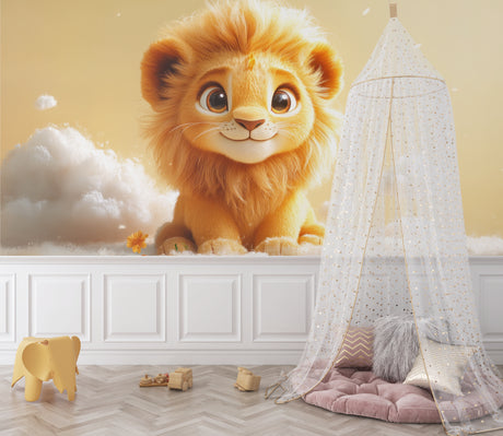 Baby Lion Wallpaper creating a cozy atmosphere in a modern nursery with soft lighting