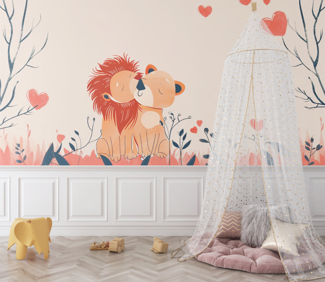 Kids bedroom featuring adorable lion mural wallpaper with floating hearts and navy details