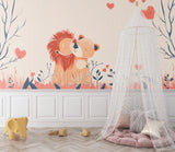 Kids bedroom featuring adorable lion mural wallpaper with floating hearts and navy details