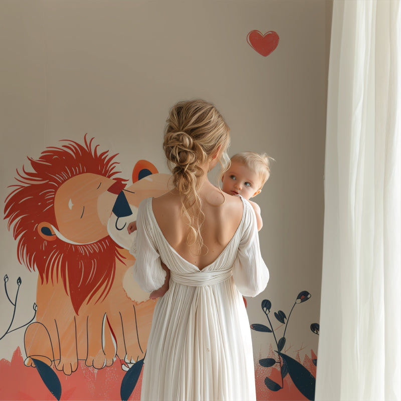 Sweet lion mural wallpaper transforming a playroom with gentle colors