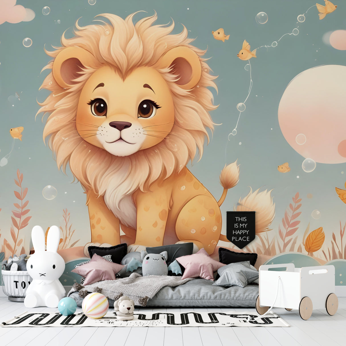 Kids bedroom featuring lion wallpaper mural, displaying soft colors and playful bubble elements