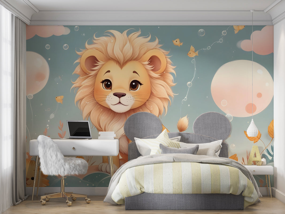 Playroom wall with safari lion wallpaper, showing scale and peaceful atmosphere