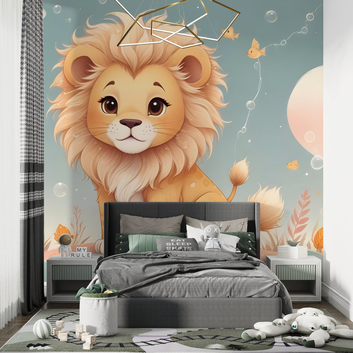 Baby room with gentle lion mural wallpaper, highlighting the dreamy bubble detail