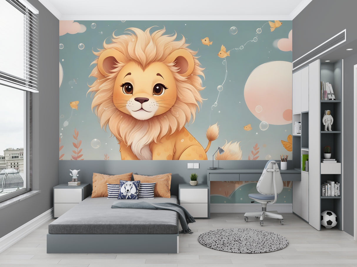 Reading nook with lion safari wallpaper, showing how it creates a cozy corner