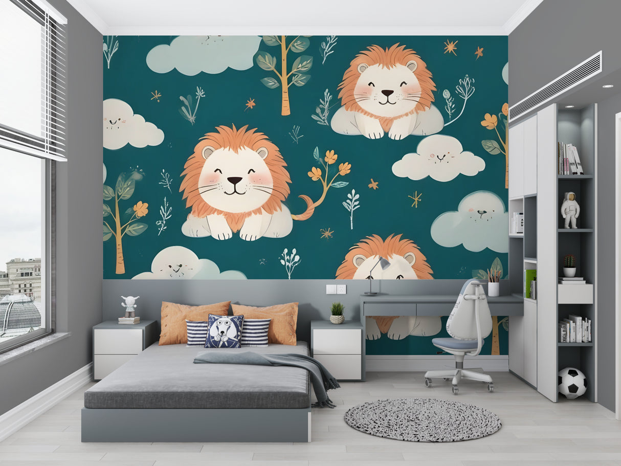 Lion safari wallpaper bringing joy to a modern nursery with teal and coral accents