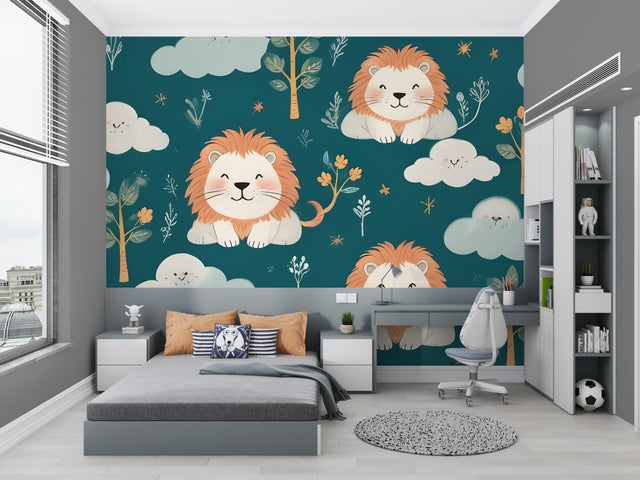 Lion safari wallpaper bringing joy to a modern nursery with teal and coral accents