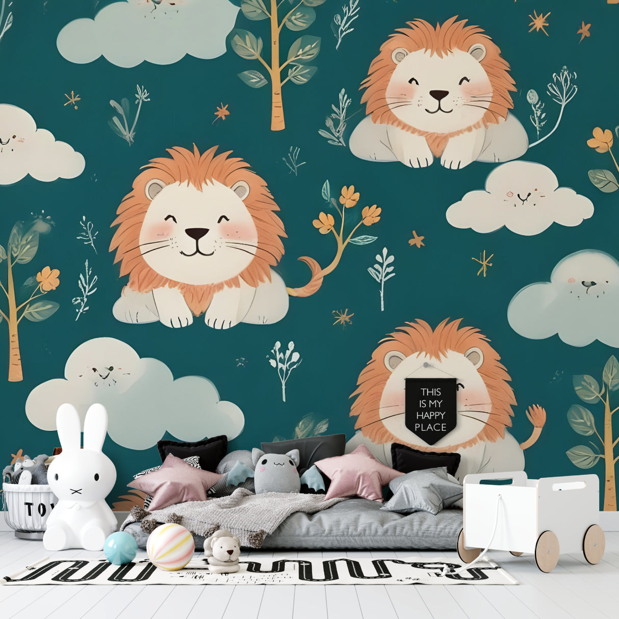 Kids bedroom showcasing playful lion wallpaper with floating clouds and botanical elements
