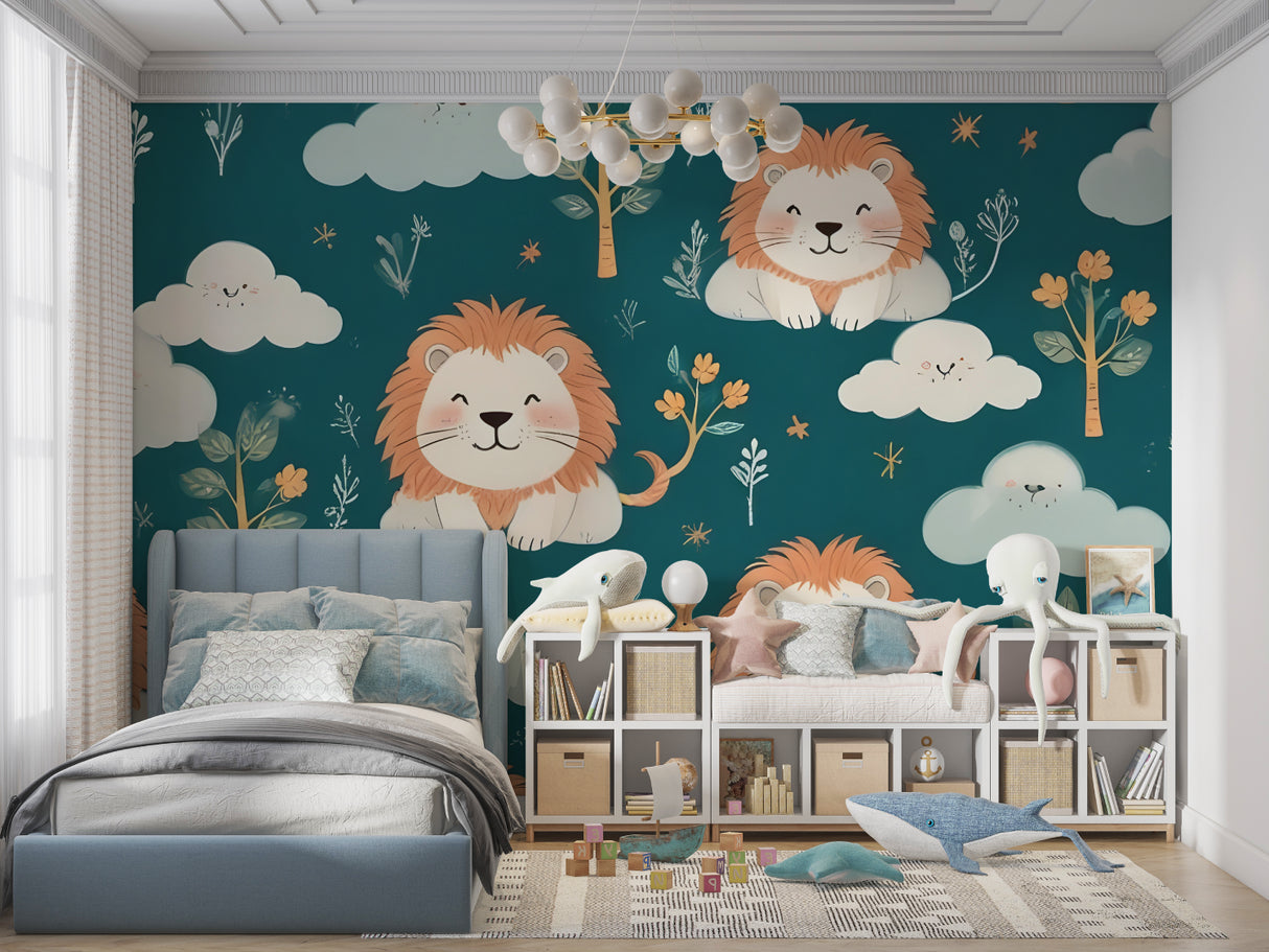 Charming lion mural wallpaper displayed in a cozy reading nook