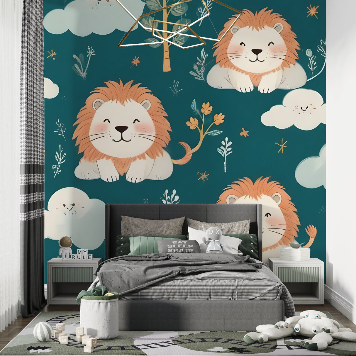 Safari lion wallpaper creating a magical atmosphere in a playroom