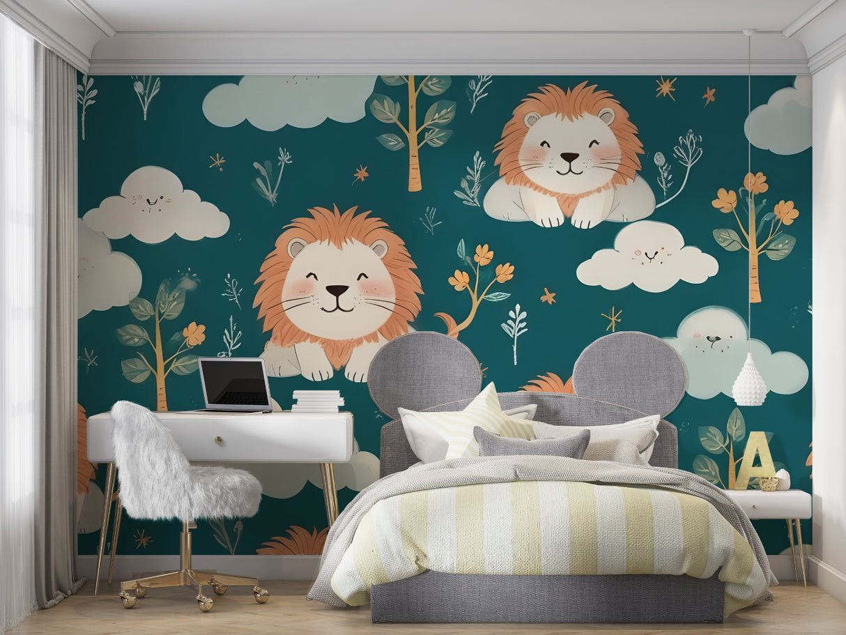 Lion wall mural transforming a modern children's bedroom with teal background