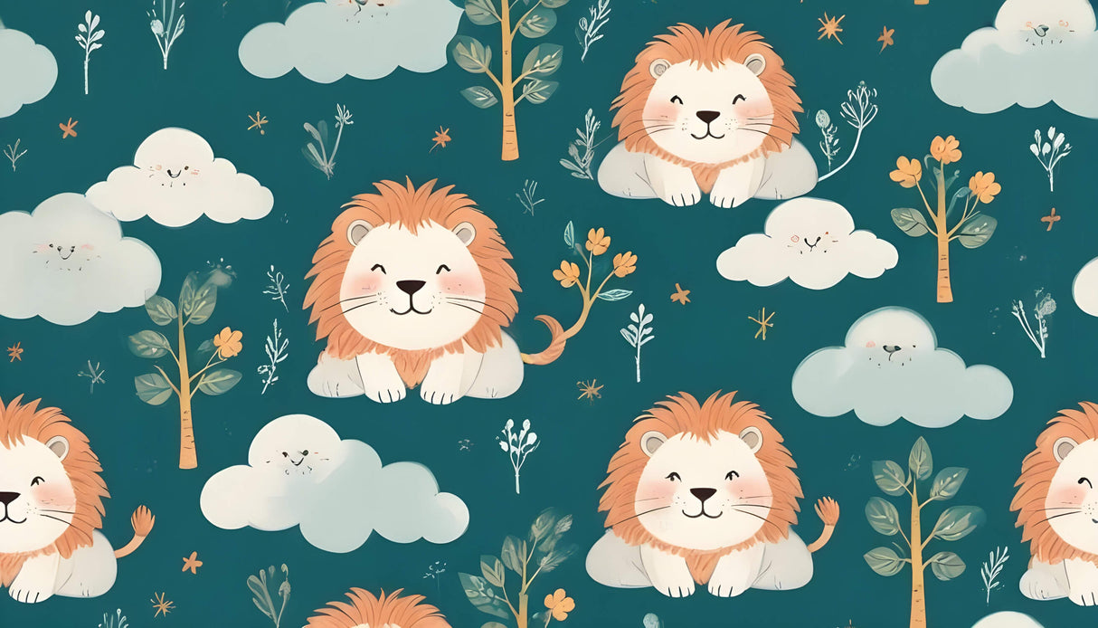 Design file showing cute lion pattern with clouds and botanical details on teal background