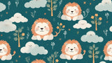 Design file showing cute lion pattern with clouds and botanical details on teal background