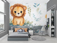 Lion cub safari wallpaper creating a cozy atmosphere in a modern nursery with white furniture