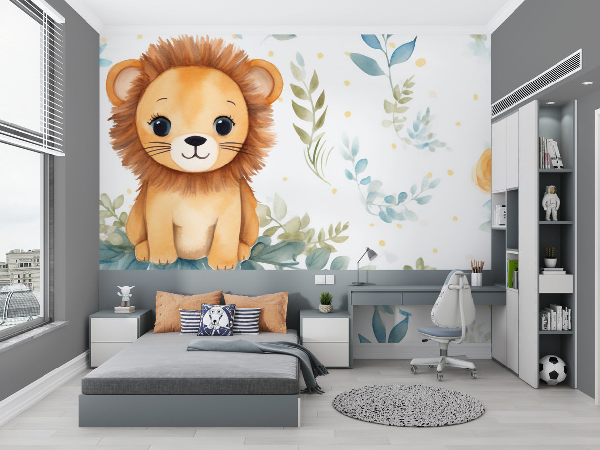 Lion cub safari wallpaper creating a cozy atmosphere in a modern nursery with white furniture