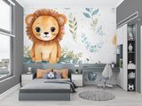 Lion cub safari wallpaper creating a cozy atmosphere in a modern nursery with white furniture