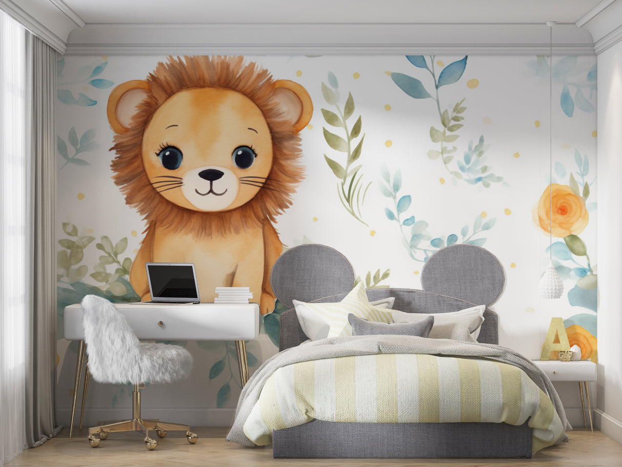 Baby lion wallpaper brightening up a playroom with natural light