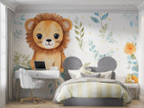 Baby lion wallpaper brightening up a playroom with natural light