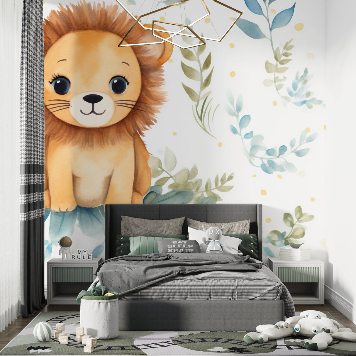 Safari nursery wallpaper showcased in a gender-neutral bedroom setting