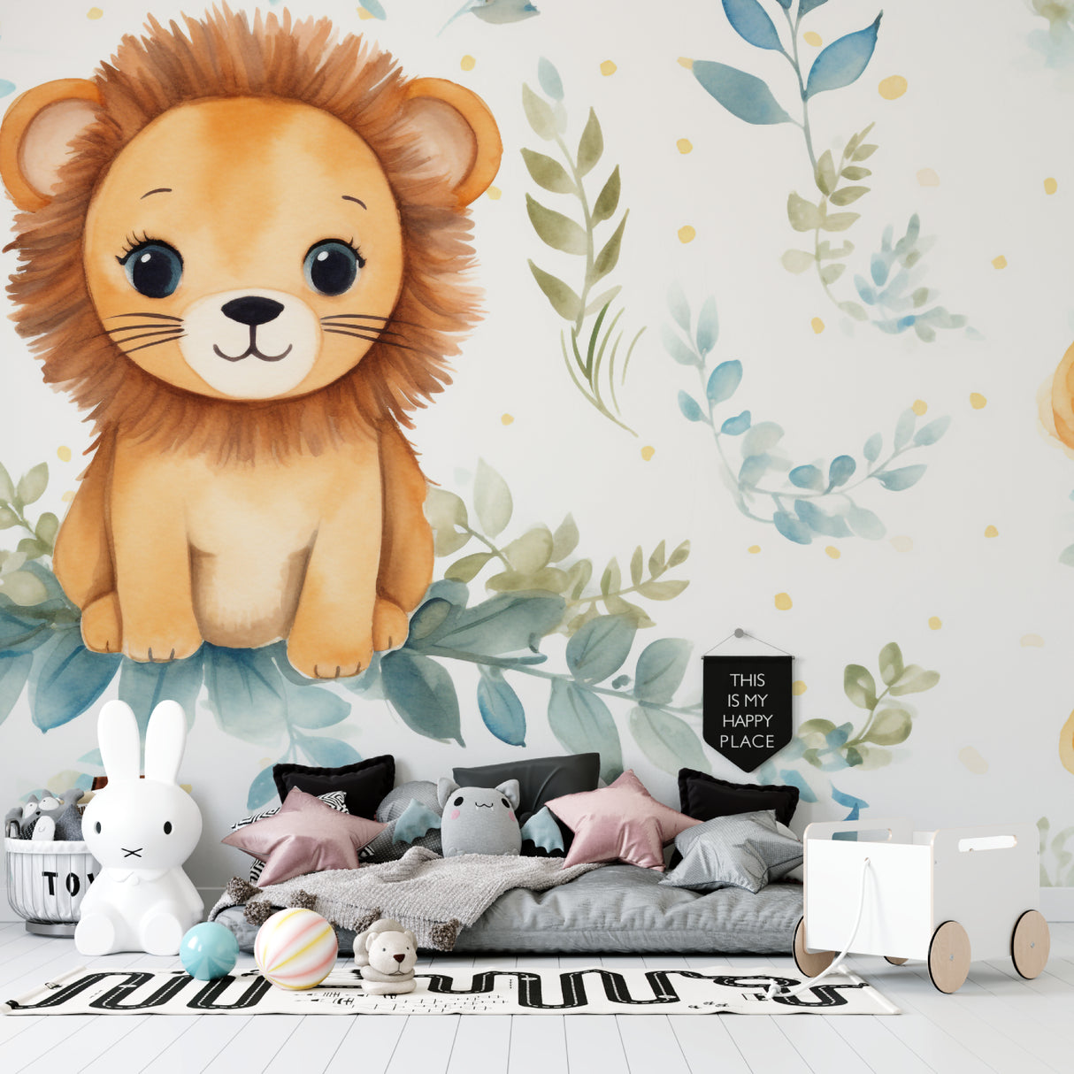 Lion cub mural displayed in a reading nook with soft cushions
