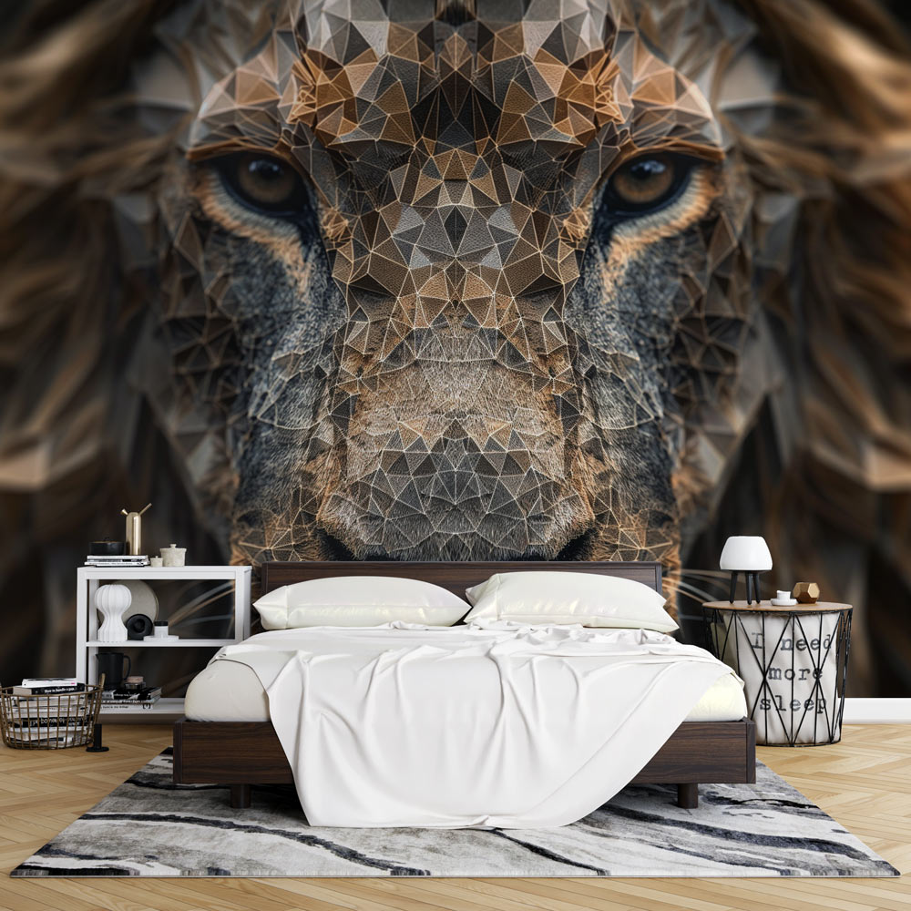 Geometric Lion Mural Wallpaper creating a stunning focal point in a modern minimalist living room with bronze and grey accents