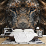 Geometric Lion Mural Wallpaper creating a stunning focal point in a modern minimalist living room with bronze and grey accents