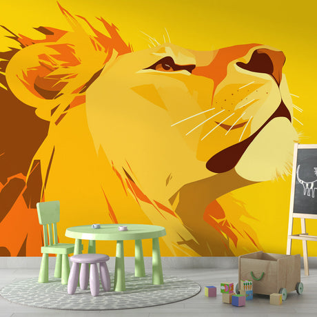 Modern geometric lion wallpaper creating a stunning focal point in a minimalist living room with warm natural lighting