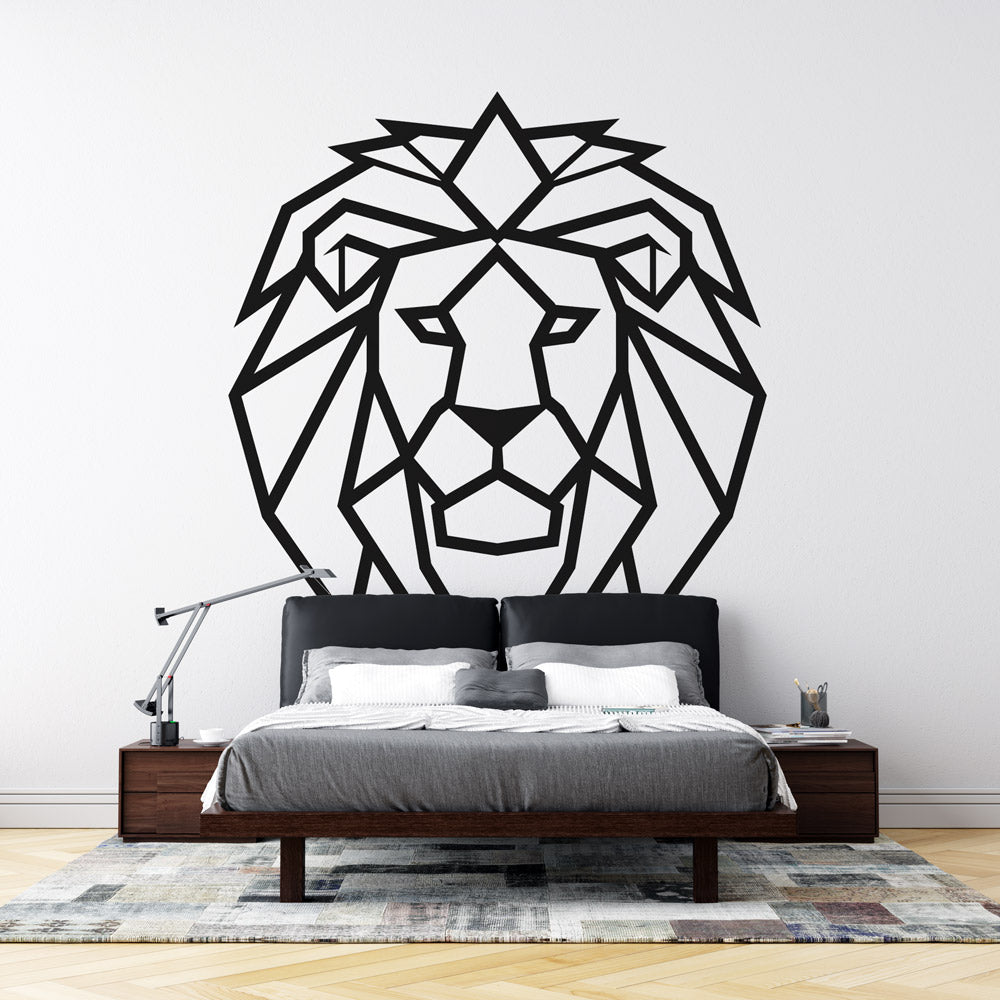 Modern Geometric Lion Wallpaper creating a bold statement in a minimalist living room with white furniture