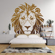 Geometric gold lion wallpaper creating a stunning focal point in a modern living room with clean lines and contemporary furniture