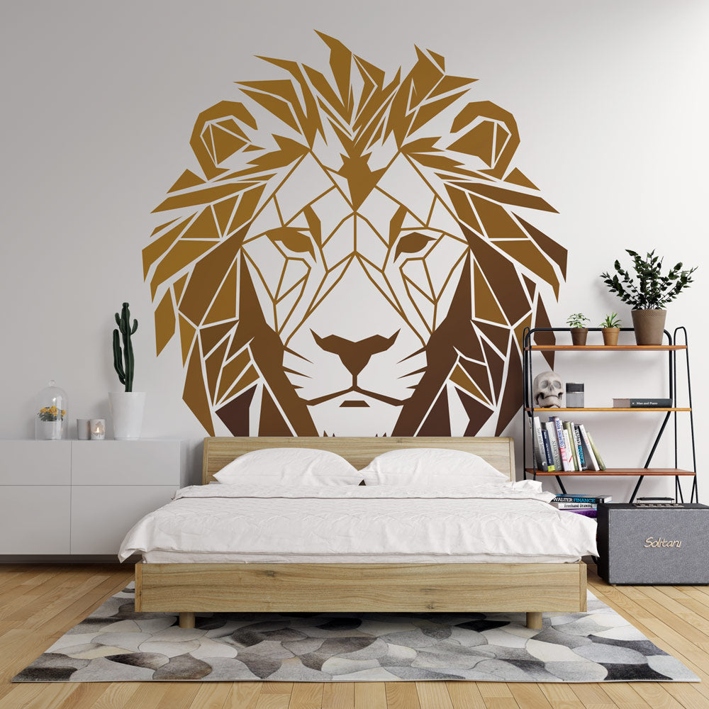 Geometric gold lion wallpaper creating a stunning focal point in a modern living room with clean lines and contemporary furniture