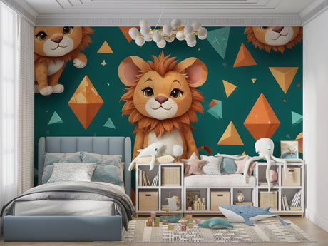 Lion geometric wallpaper in modern nursery with white furniture showing scale and playful atmosphere